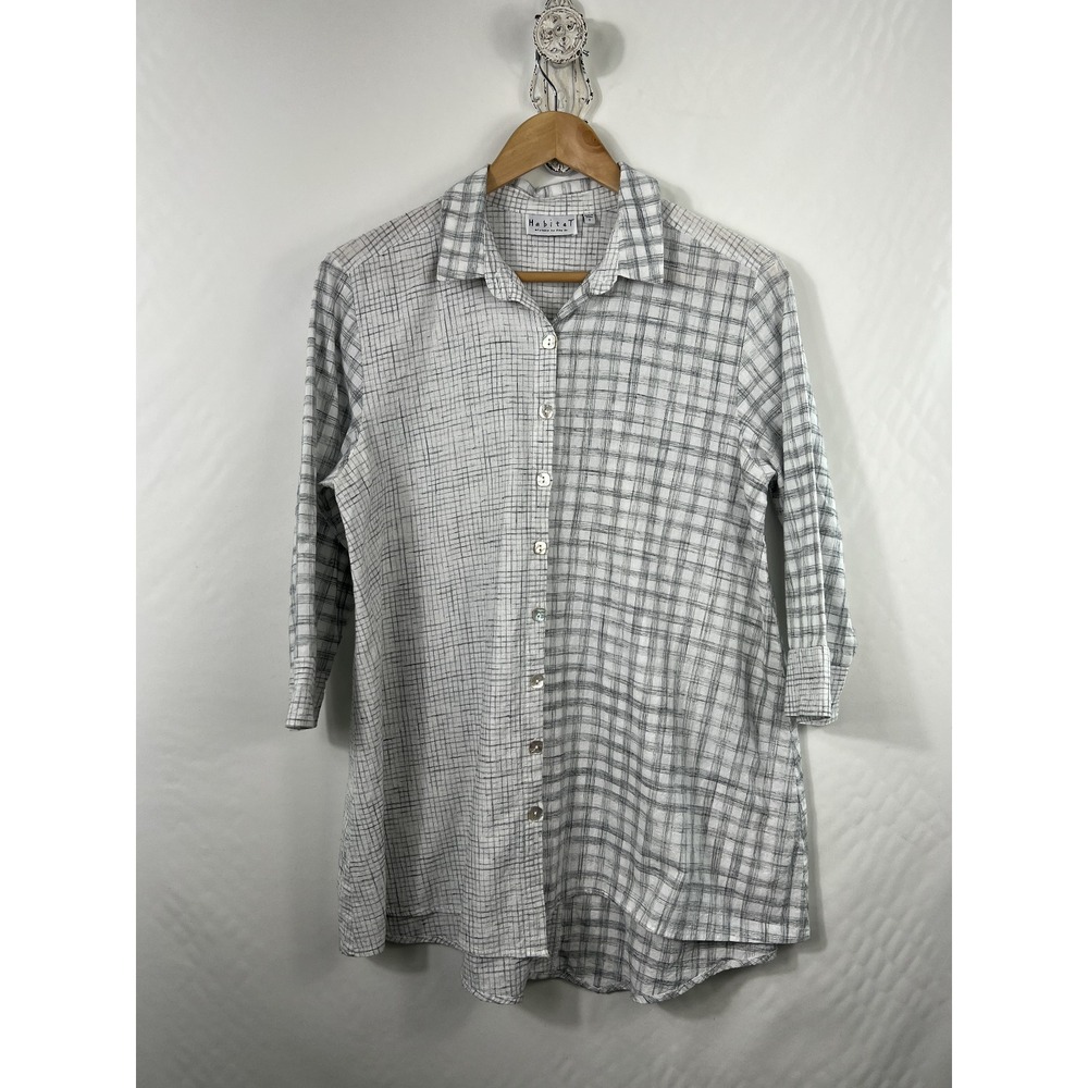 Habitat Button Down 3/4 Sleeve Shirt Gray & White Size Small